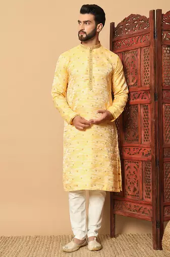 Yellow sequins work jacquard band collar kurta pajama