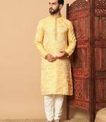 Yellow sequins work jacquard band collar kurta pajama