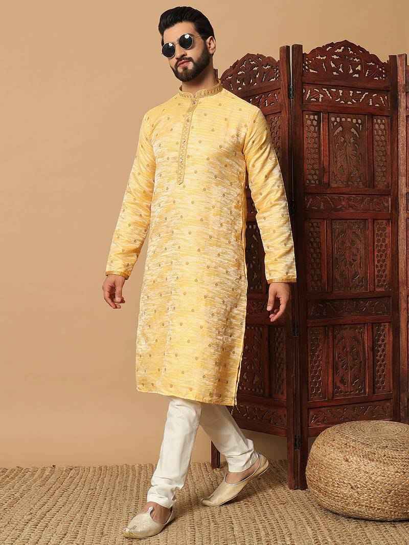 Yellow sequins work jacquard band collar kurta pajama