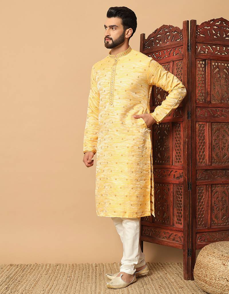 Yellow sequins work jacquard band collar kurta pajama