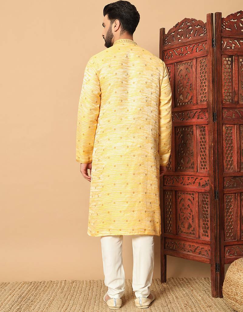 Yellow sequins work jacquard band collar kurta pajama