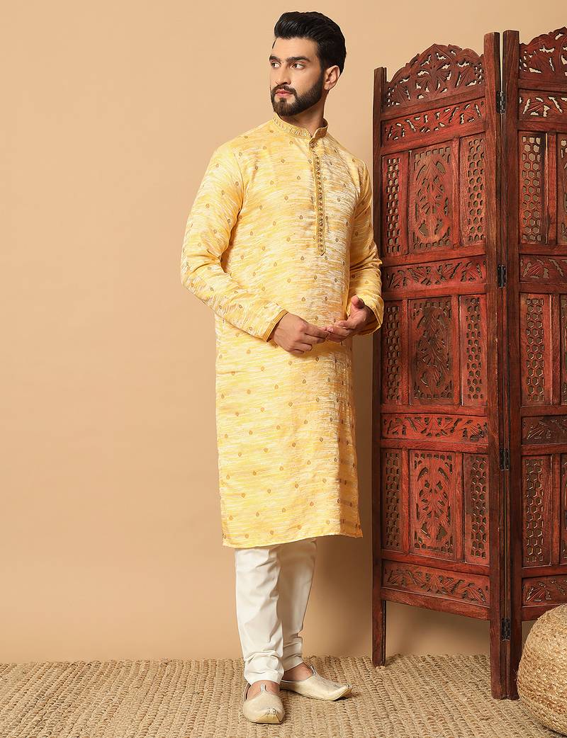 Yellow sequins work jacquard band collar kurta pajama
