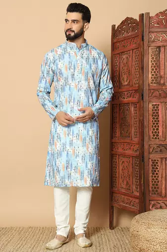 Dark sky blue abstract printed linen cotton band collar kurta pajama