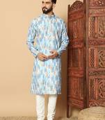 Dark sky blue abstract printed linen cotton band collar kurta pajama