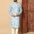 Dark sky blue abstract printed linen cotton band collar kurta pajama
