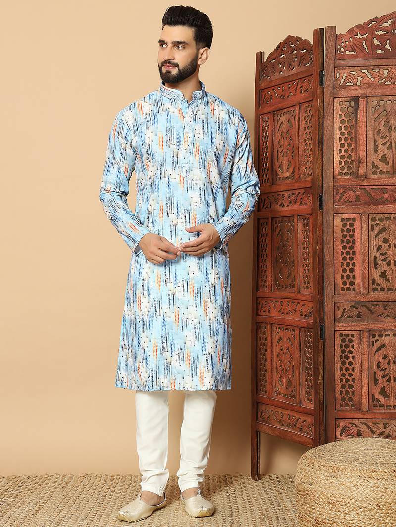 Dark sky blue abstract printed linen cotton band collar kurta pajama