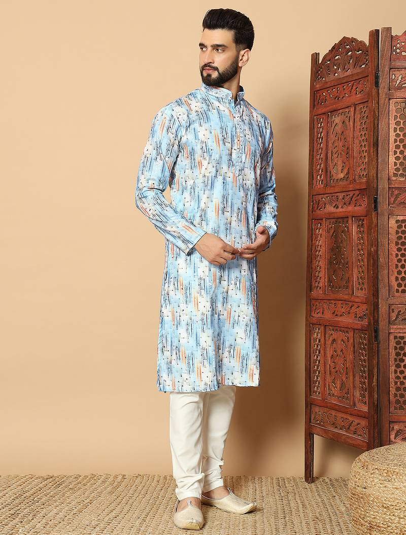 Dark sky blue abstract printed linen cotton band collar kurta pajama