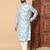 Dark sky blue abstract printed linen cotton band collar kurta pajama