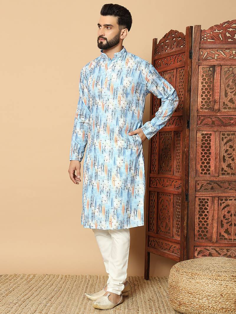 Dark sky blue abstract printed linen cotton band collar kurta pajama