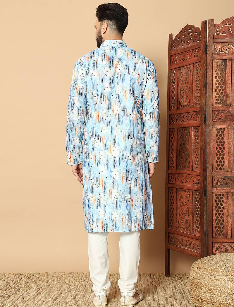 Dark sky blue abstract printed linen cotton band collar kurta pajama