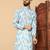 Dark sky blue abstract printed linen cotton band collar kurta pajama
