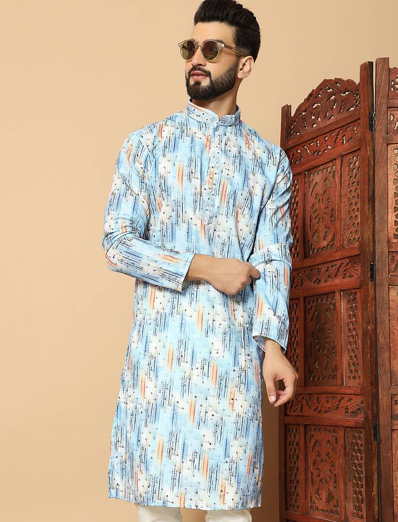 Dark sky blue abstract printed linen cotton band collar kurta pajama