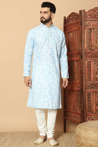 Light sky blue abstract printed linen cotton band collar kurta pajama
