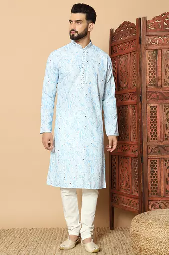 Light sky blue abstract printed linen cotton band collar kurta pajama