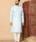 Light sky blue abstract printed linen cotton band collar kurta pajama