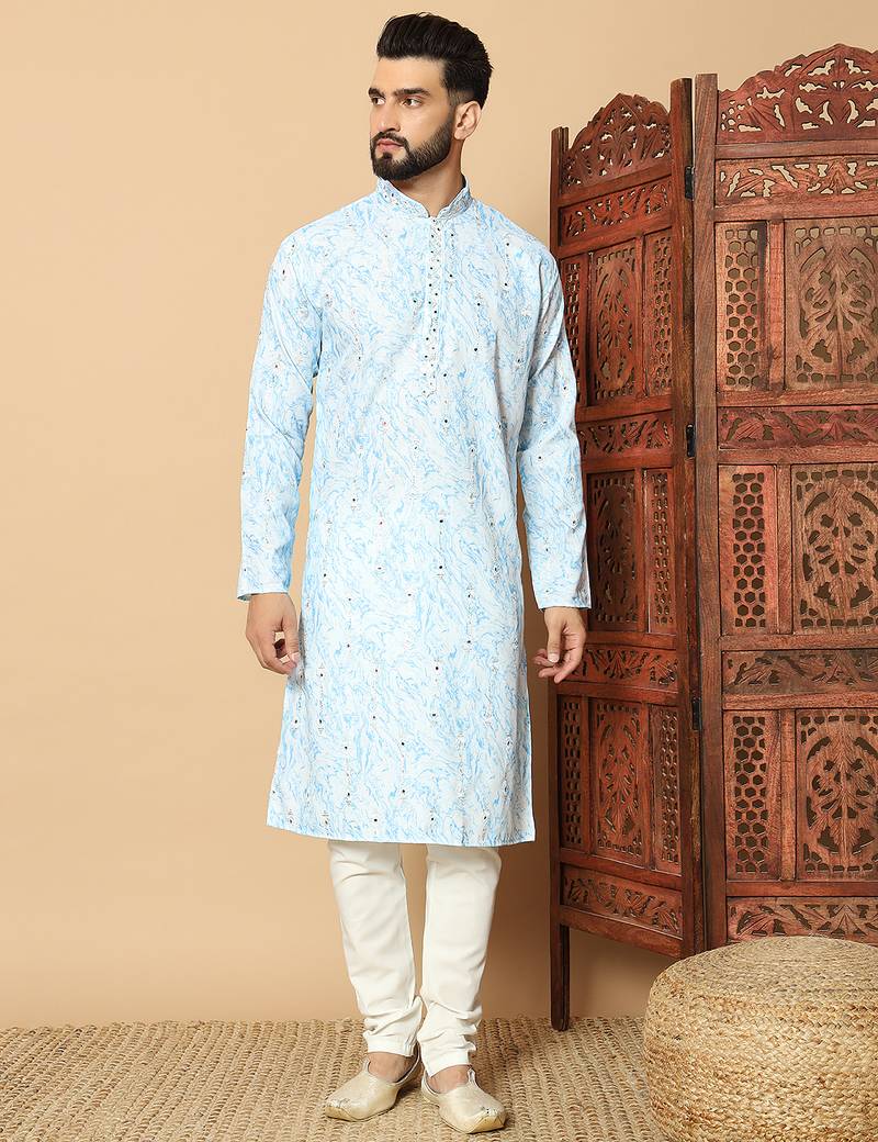 Light sky blue abstract printed linen cotton band collar kurta pajama