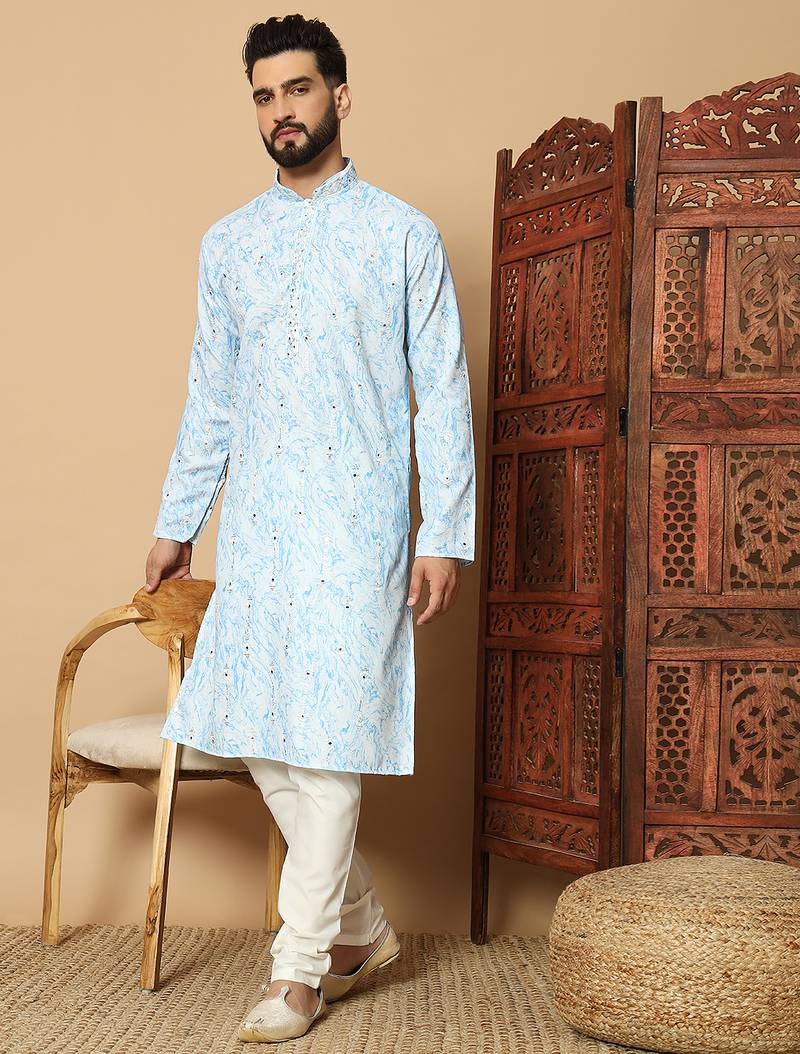 Light sky blue abstract printed linen cotton band collar kurta pajama