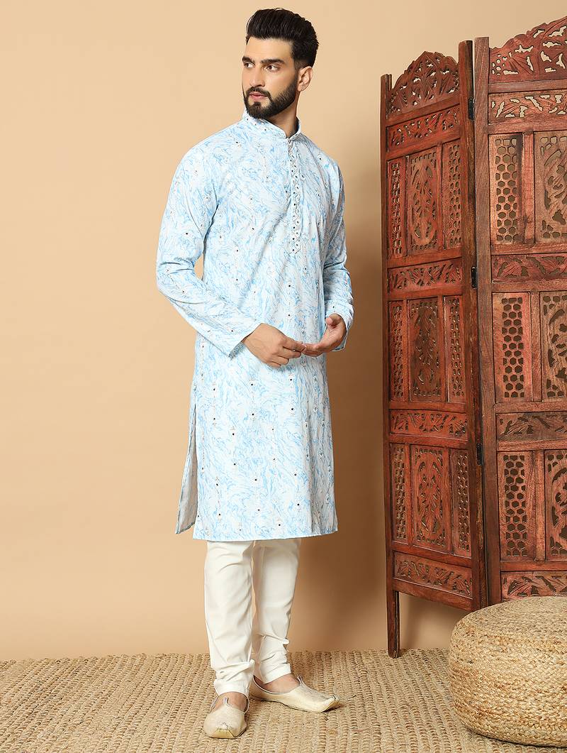 Light sky blue abstract printed linen cotton band collar kurta pajama