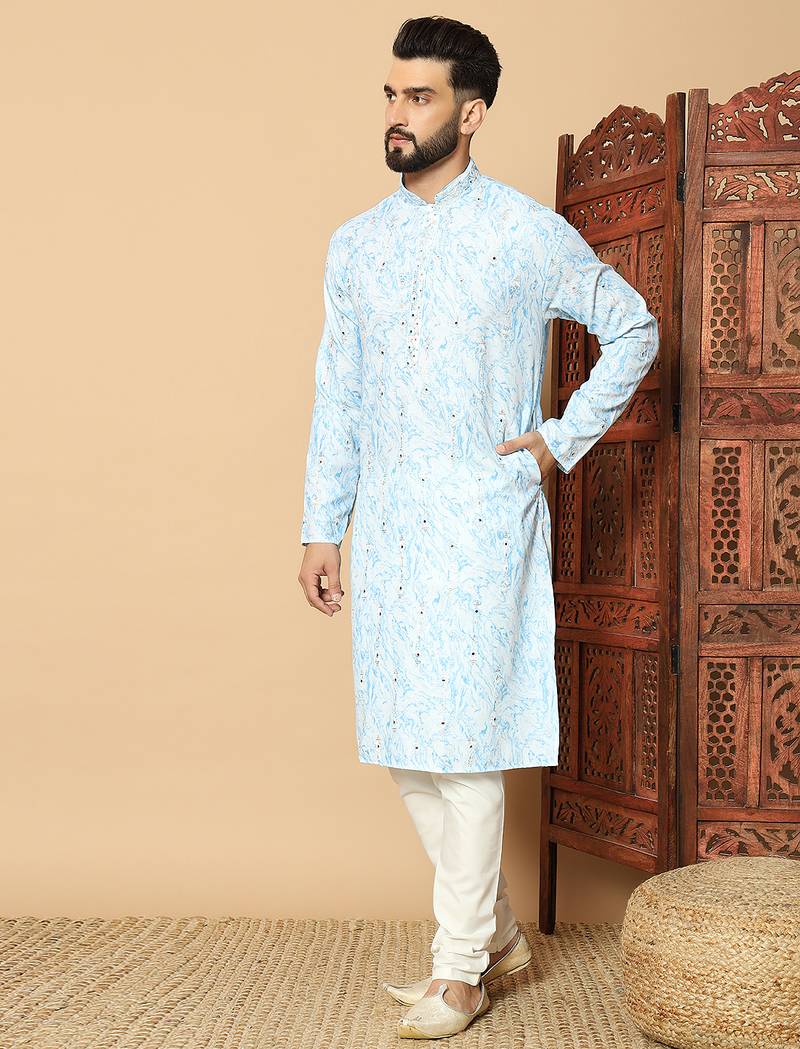Light sky blue abstract printed linen cotton band collar kurta pajama