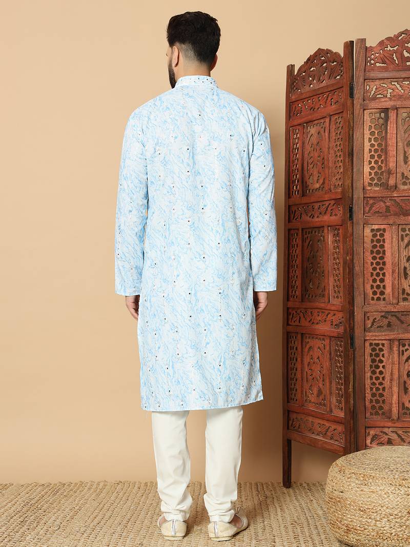 Light sky blue abstract printed linen cotton band collar kurta pajama