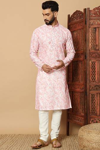 Peach abstract printed linen cotton band collar kurta pajama