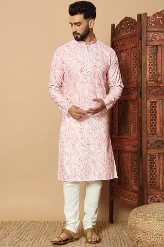 Peach abstract printed linen cotton band collar kurta pajama