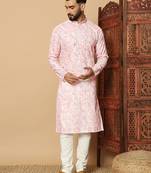 Peach abstract printed linen cotton band collar kurta pajama