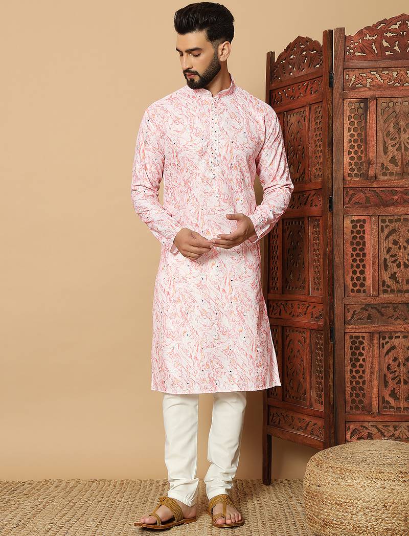 Peach abstract printed linen cotton band collar kurta pajama