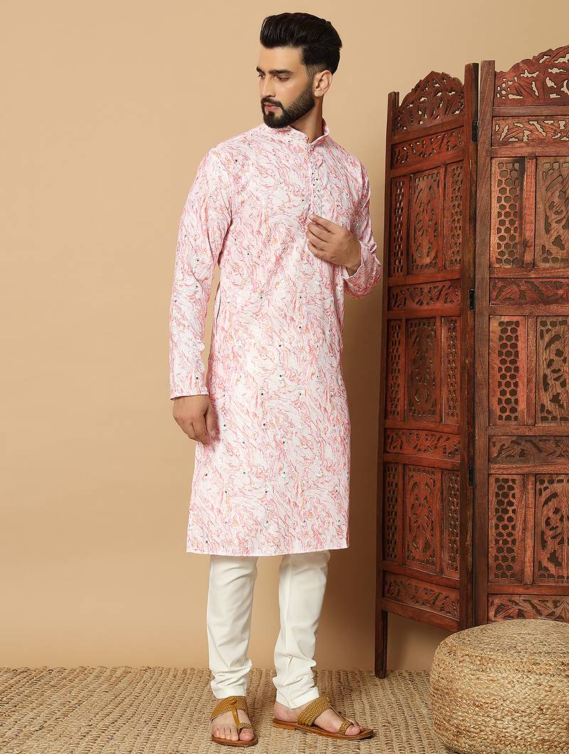 Peach abstract printed linen cotton band collar kurta pajama