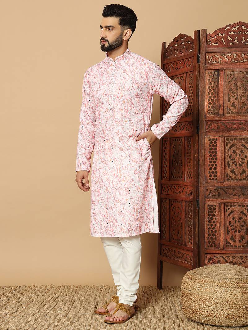 Peach abstract printed linen cotton band collar kurta pajama
