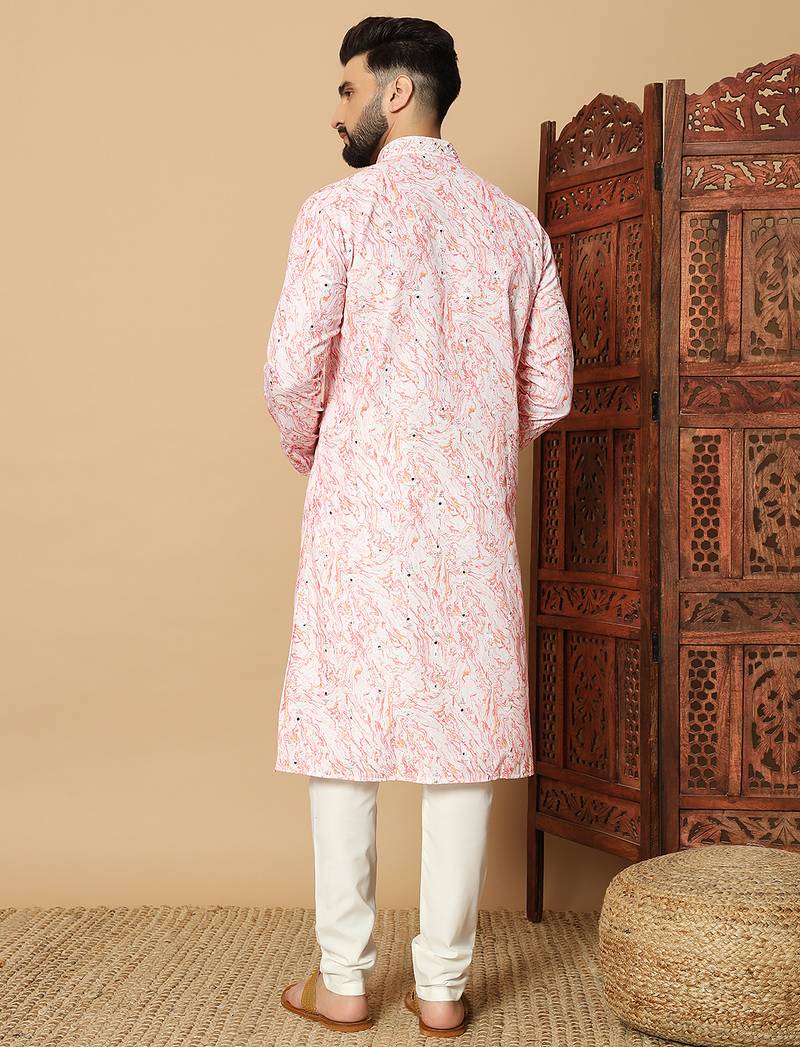 Peach abstract printed linen cotton band collar kurta pajama