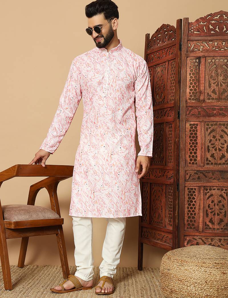 Peach abstract printed linen cotton band collar kurta pajama