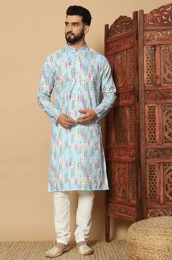 Sky blue abstract printed linen cotton band collar kurta pajama