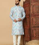 Sky blue abstract printed linen cotton band collar kurta pajama