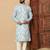 Sky blue abstract printed linen cotton band collar kurta pajama
