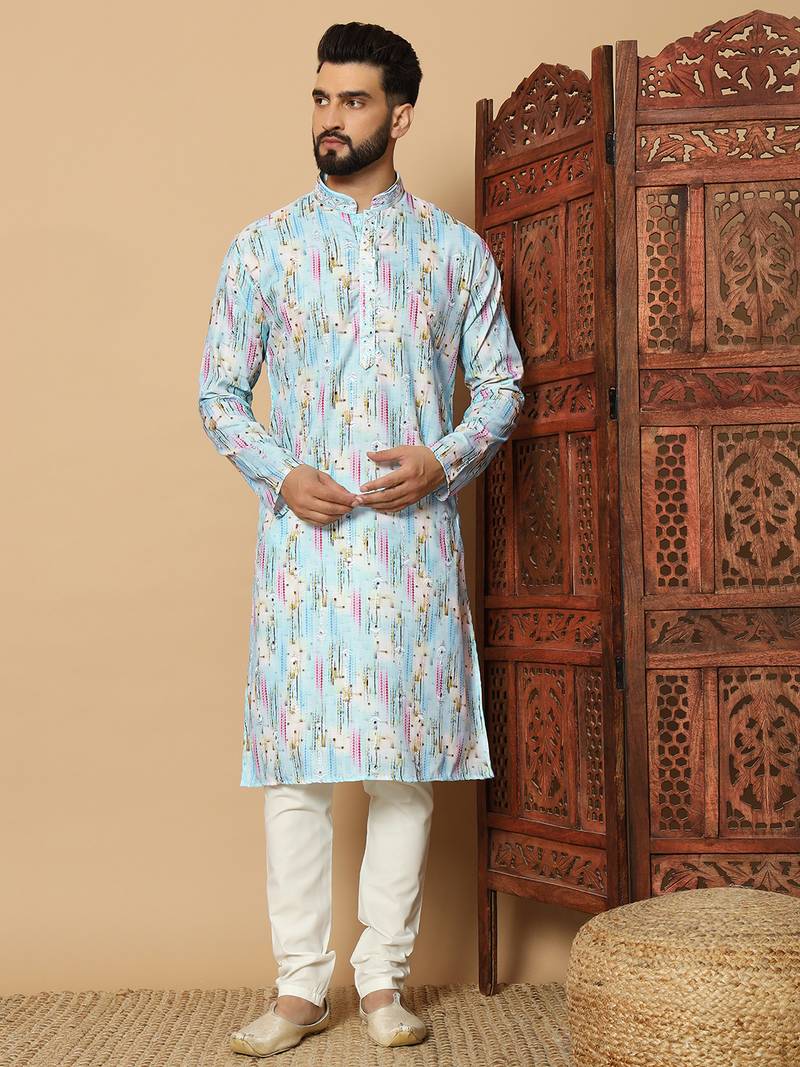 Sky blue abstract printed linen cotton band collar kurta pajama
