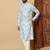 Sky blue abstract printed linen cotton band collar kurta pajama