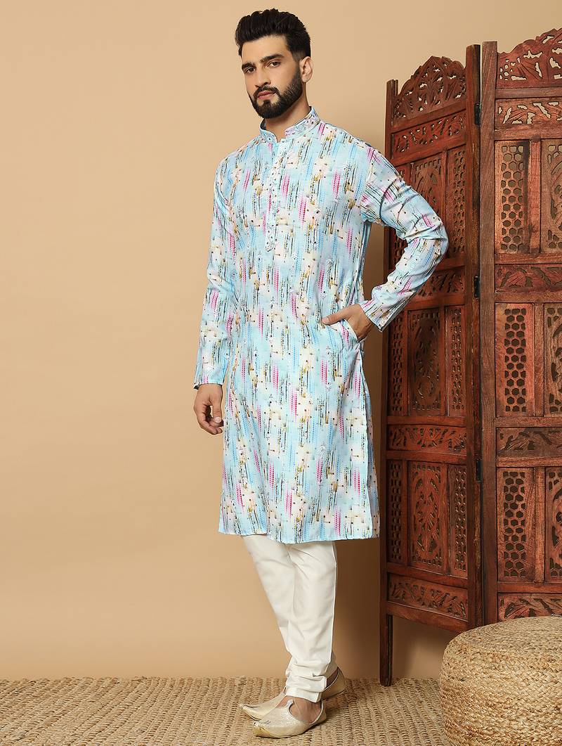 Sky blue abstract printed linen cotton band collar kurta pajama