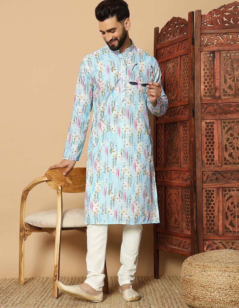 Sky blue abstract printed linen cotton band collar kurta pajama
