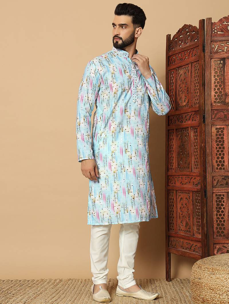 Sky blue abstract printed linen cotton band collar kurta pajama