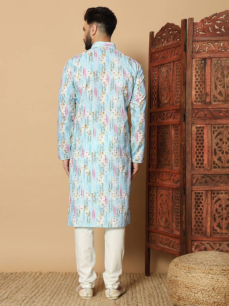 Sky blue abstract printed linen cotton band collar kurta pajama