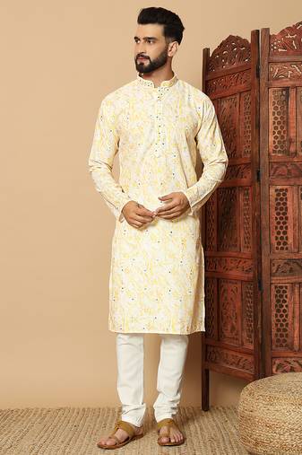 Yellow abstract printed linen cotton band collar kurta pajama