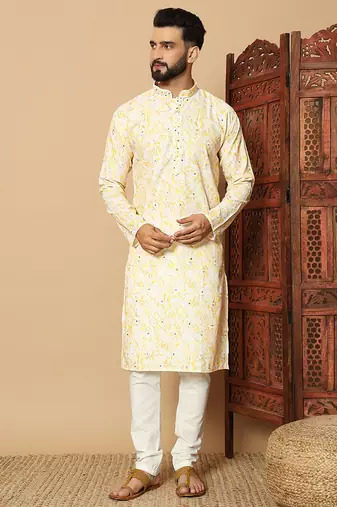 Yellow abstract printed linen cotton band collar kurta pajama