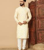 Yellow abstract printed linen cotton band collar kurta pajama