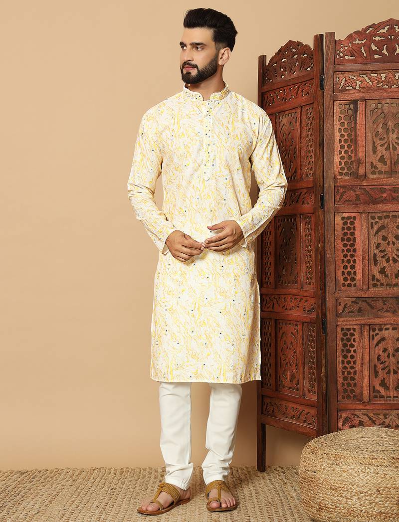 Yellow abstract printed linen cotton band collar kurta pajama
