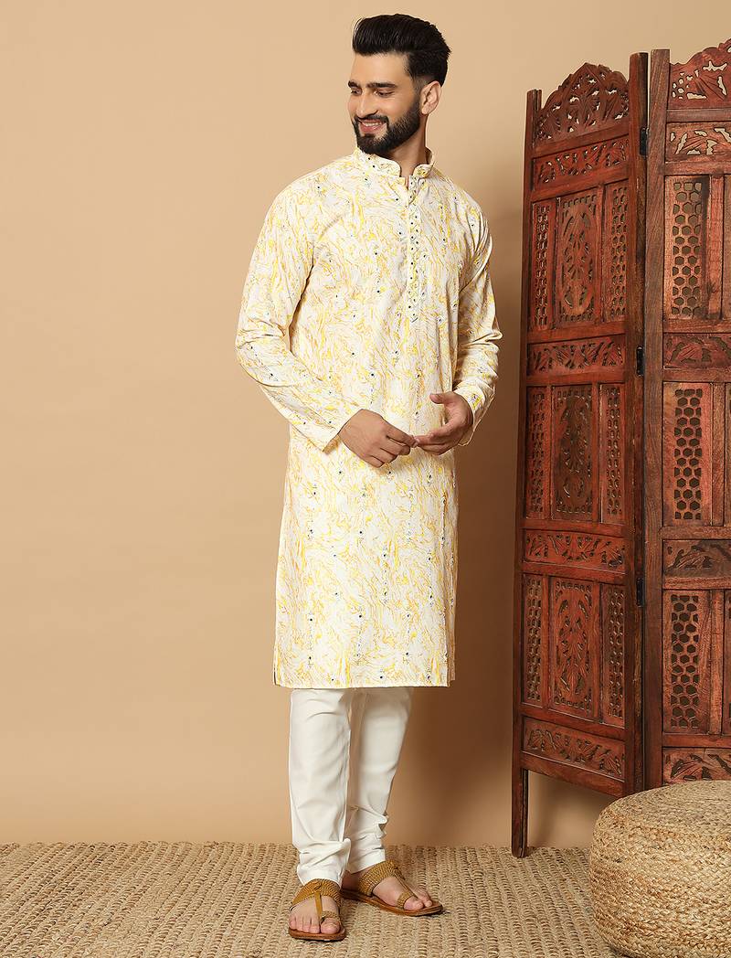 Yellow abstract printed linen cotton band collar kurta pajama