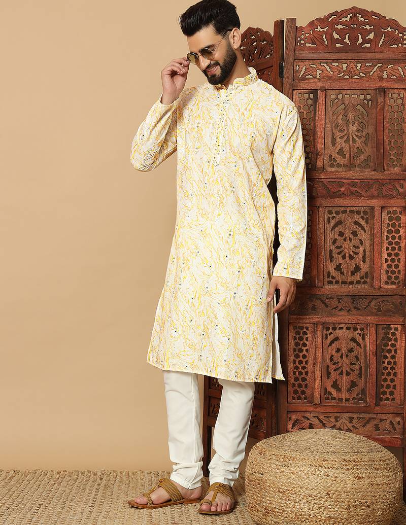 Yellow abstract printed linen cotton band collar kurta pajama