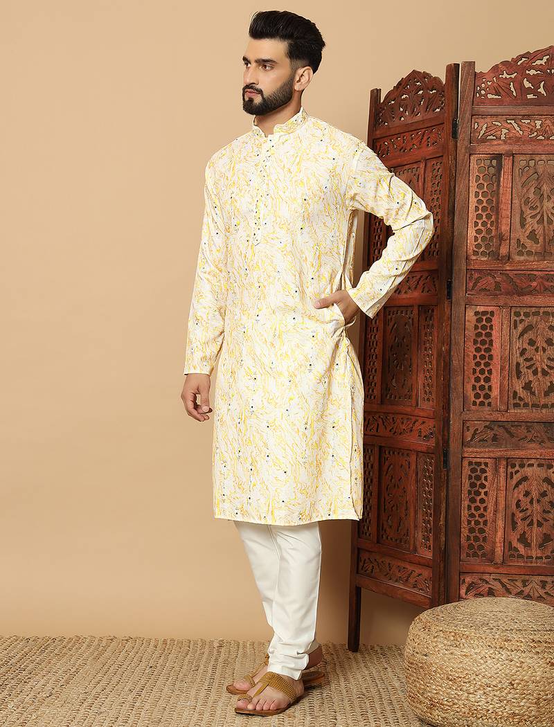 Yellow abstract printed linen cotton band collar kurta pajama