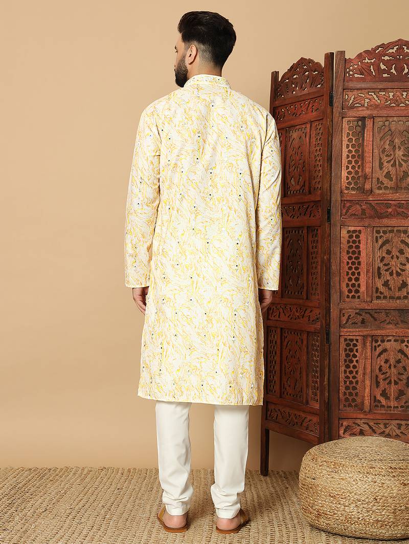 Yellow abstract printed linen cotton band collar kurta pajama