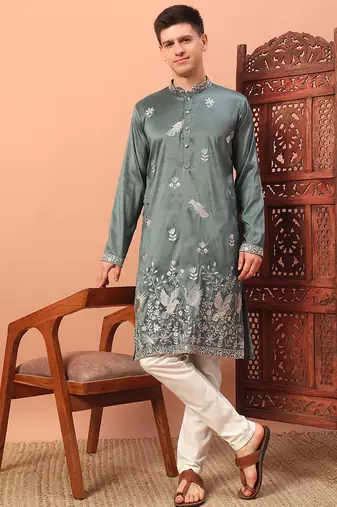 Dusty teal heavy silk thread & zari embroidered band collar kurta pajama